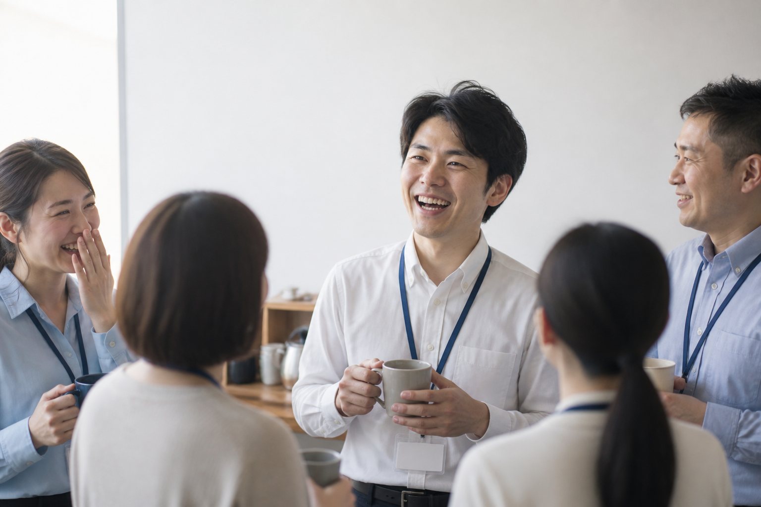 休憩スペースでマグを手に談笑する社員たち