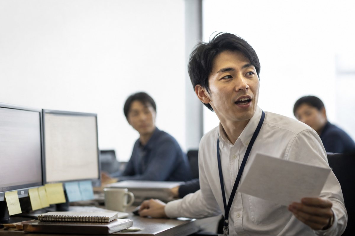 席から身を乗り出して同僚に呼びかけるエンジニア