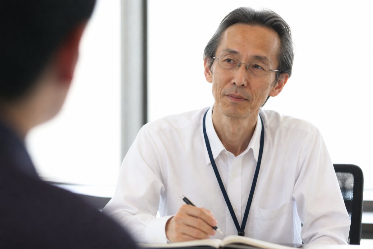 若手の説明を頷きながら聞くベテランエンジニア
