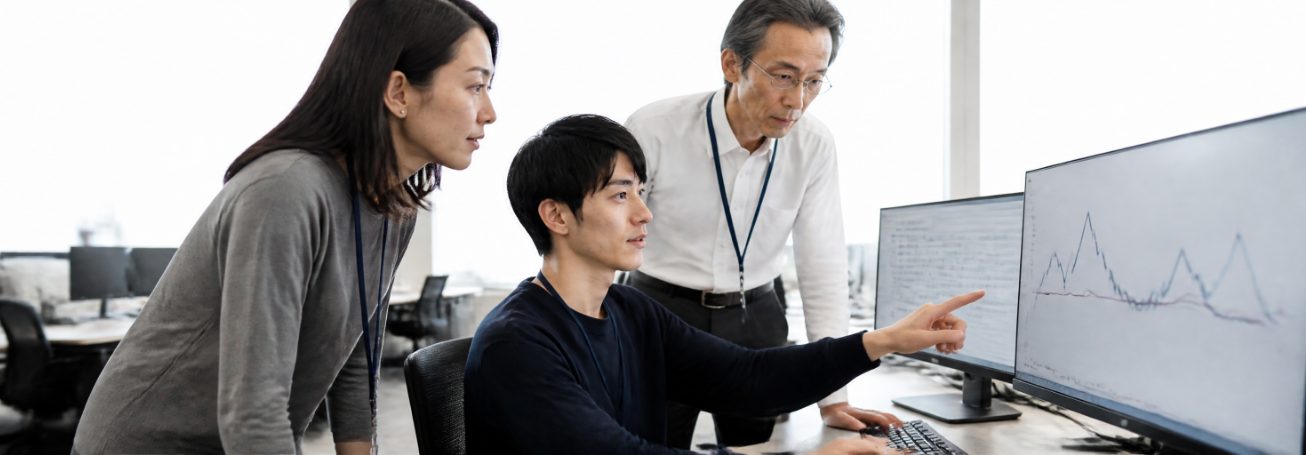 予測グラフを前に話し合う株式会社kotatsuのメンバー