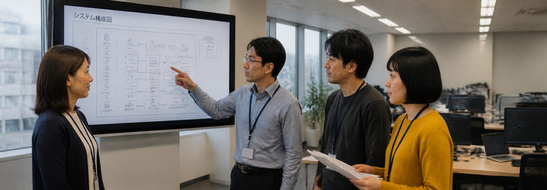 システム構成図を前に打ち合わせる株式会社kotatsuのメンバー