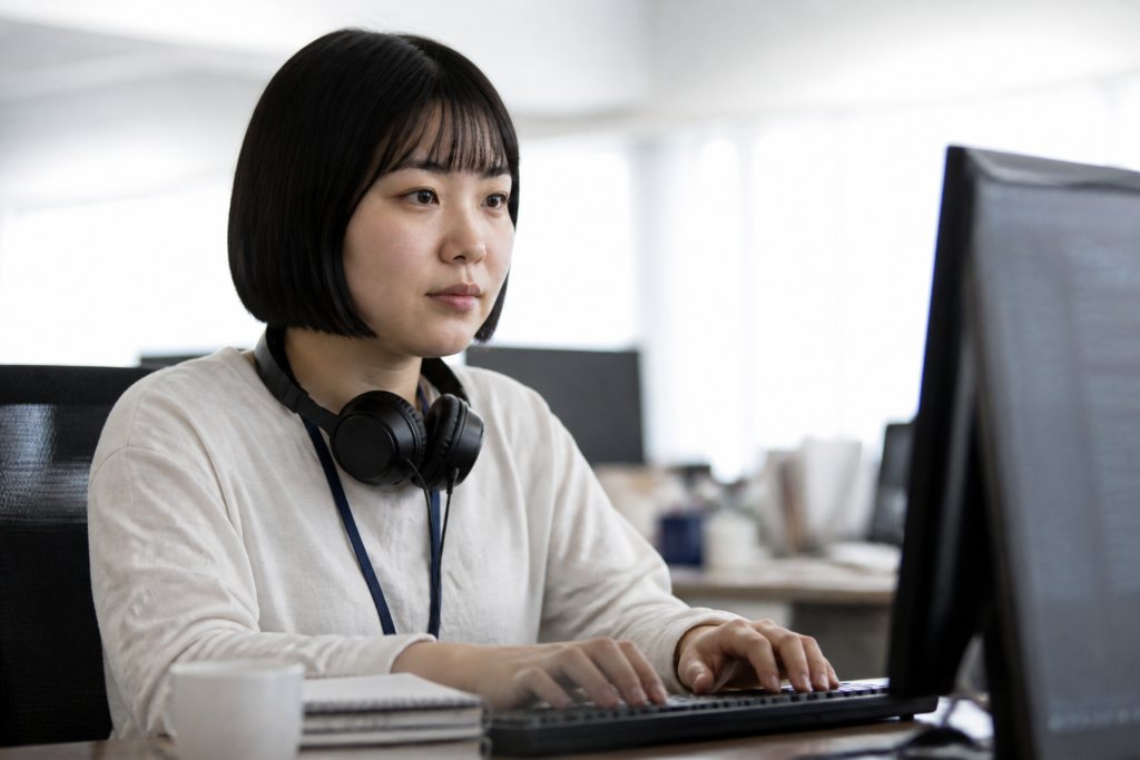 デスクで集中して作業する若手エンジニア
