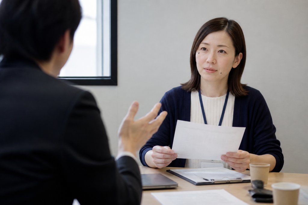 打ち合わせで資料を見ながら話す2社の担当者