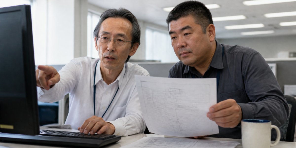 モニターのコードを指しながら若手に説明するベテランエンジニア