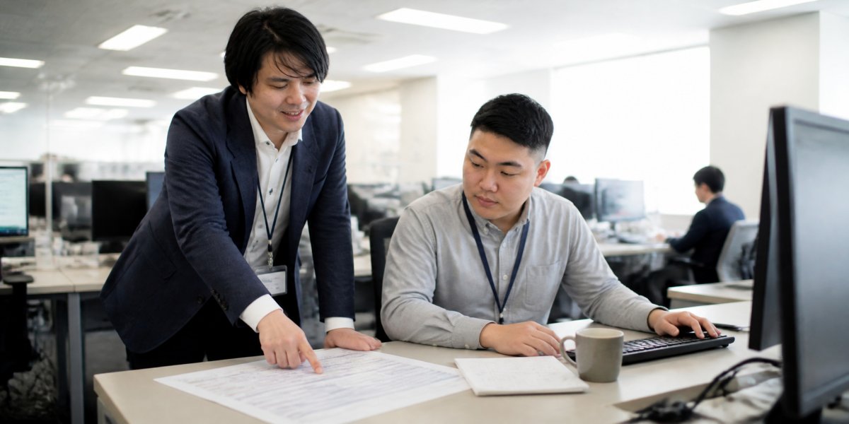 デスクの工程表を指しながらメンバーに説明する代表